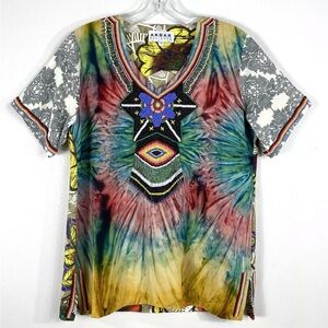Anthropologie Akbar Morocco Beaded Tie Dye Rainbow Floral Print Top Sz M NEW